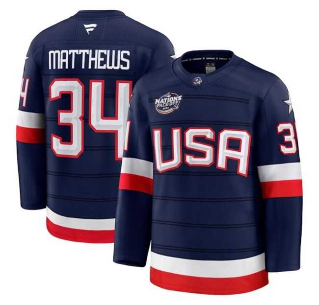 Men%27s USA #34 Auston Matthews Navy 2025 4 Nations Face-Off Stitched Jersey Dzhi